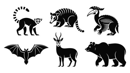 Collection of six black silhouette of diverse wild animals including a lemur and a bat wildlife
