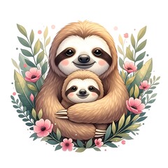 Obraz premium Mother's day sloth hugging baby sloth in flowers illustration