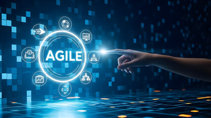 Hand Interacting with Agile Development Concept on Futuristic Digital Interface for Business Innovation and Technological Advancement