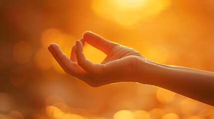 Close up hand practicing yoga mudra in morning sunlight with golden bokeh background for wellness and surya puja surya shashti ratha saptami bhanu saptami