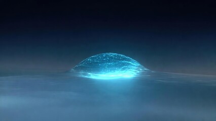 Mysterious blue glowing energy dome emerging from a serene dark water surface at night