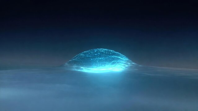 Mysterious blue glowing energy dome emerging from a serene dark water surface at night - Powered by Adobe
