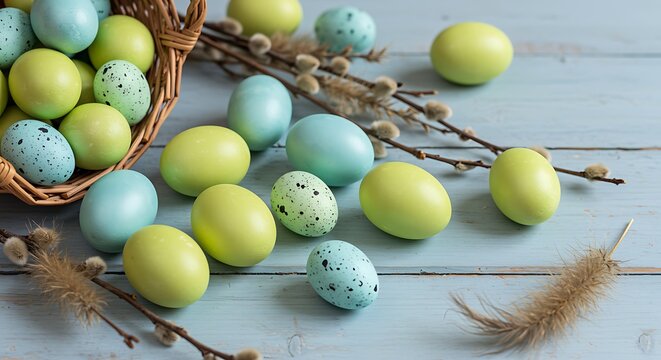 Colorful Easter eggs and pussy willow branches on a wooden table