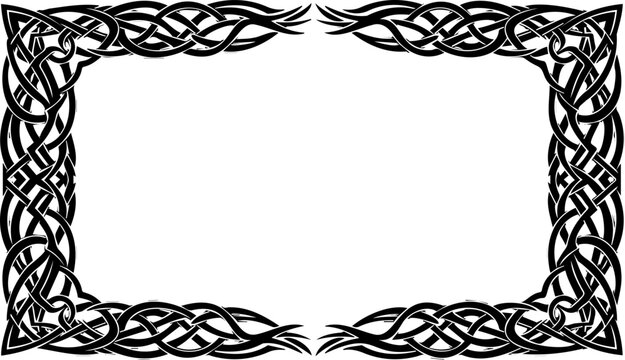 A Celtic knotwork border design with a rectangular frame and intricate black lines on a white background silhouette
