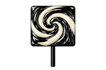 Square black and white lollipop with a swirling spiral design on a stick, sweet sugar candy dessert