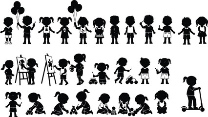 Children silhouette illustration set showing kids playing, standing, sitting and activities, cute child figures collection for education design