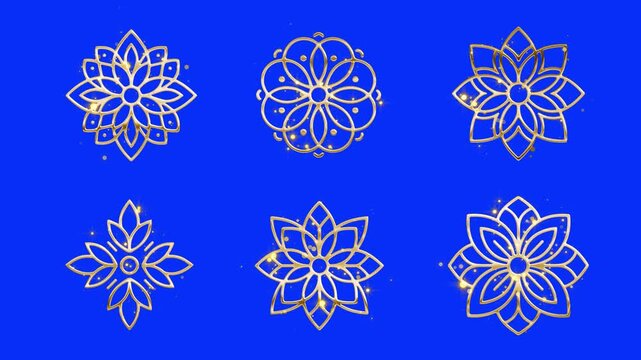 Elegant gold decorative elements set with symmetrical flower motifs and radial line art designs suitable for wedding invitations festive branding and motion graphics projects