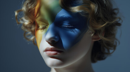 An abstract portrait series where age progression is represented as a smooth color spectrum across facial features, symbolizing time, growth, and human continuity. cinematic color correction,