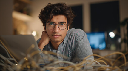 A focused South Asian male coder working late at night in his home office, surrounded by neatly arranged cables, exhibiting concentration and passion for technology, low light with a desk lamp,
