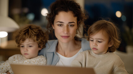 Multitasking mother managing several tasks at once, caring for children while handling work and household duties, focused expression reflecting responsibility, efficiency, and modern family life.