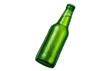 Green glass bottle with water drops, symbolizing cold, fresh refreshment and alcoholic drink with condensation