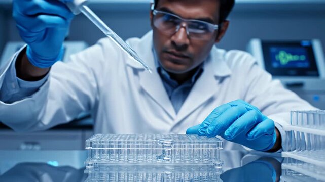 Scientist in lab coat and blue gloves working with test tubes and pipette 4k video