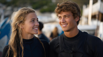 A pair of beginner surfers share a moment of camaraderie while assisting each other in adjusting their wetsuits, surrounded by the energy of the surf school and the beauty of the coastline.