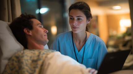 A sonographer using advanced ultrasound equipment in a hospital room, showcasing a serene atmosphere as the patient lies comfortably on the examination table, preparing for the procedure. cinematic