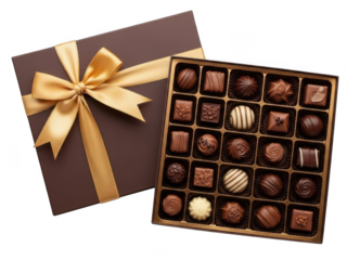 Elegant chocolate gift box with assorted sweets isolated on transparent background