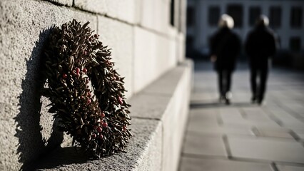 Funeral wreath on stone wall with mourners in background