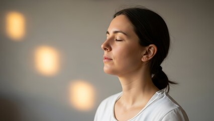 Serene young woman practicing mindfulness meditation at home, finding inner peace and tranquility through a calming breathwork exercise, bathed in soft natural light