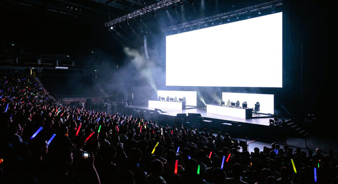 E-Sports Arena Crowd Watching Tournament with Blank Screen