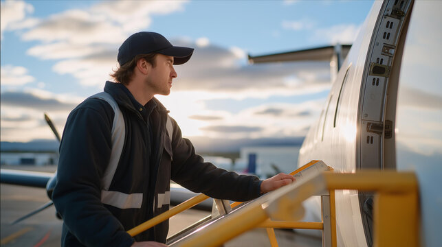 A ground crew worker using a mobile stairway to assist passengers boarding a regional aircraft in a busy airport setting, highlighting the importance of accessibility in air travel. cinematic color - Powered by Adobe