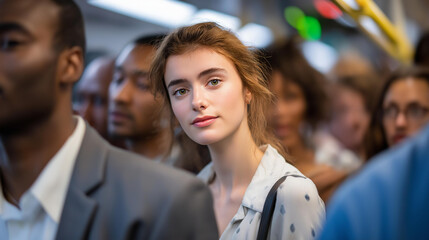 A busy subway commute showcases a sea of faces in the train, from professionals in suits to students in casual wear, reflecting the melting pot of society during the morning rush. cinematic color