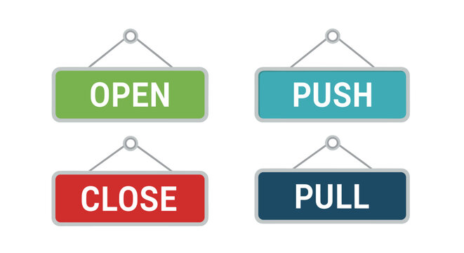 Set of four colorful hanging door signs with text open, close, push, and pull for retail business or office entryways.