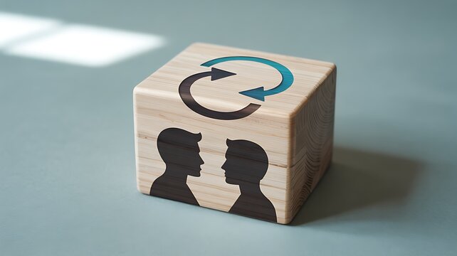 Interpersonal Communication & Feedback Cycle - Wooden Block with Silhouettes & Arrows