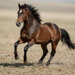 Fototapeta premium Wild stallion in mid-gallop: muscular bay horse with flowing mane and tail
