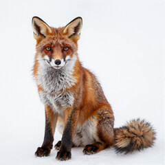 Fototapeta premium Studio-shot red fox seated centered on snowy white backdrop, russet fur glowing with a curled bushy tail