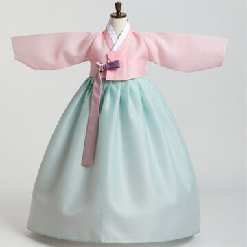 Pastel pink jeogori with mint green chima hanbok on a mannequin, gracefully displayed and centered on white