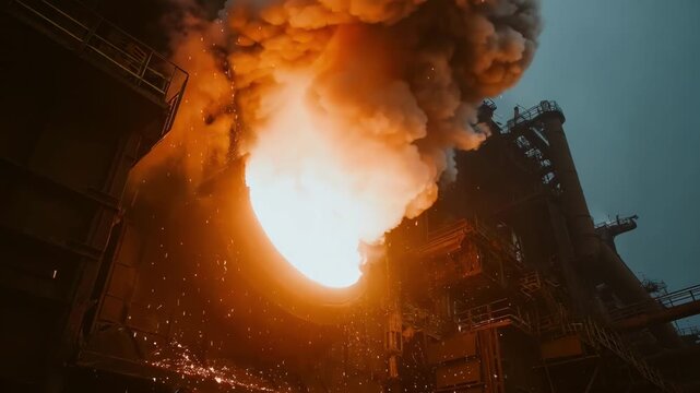 Medium shot of blast furnace operation during daylight showcasing intense molten metal pouring with bright industrial surroundings.