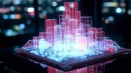 4K animation of a futuristic digital twin smart city hologram on a glass table. High-tech urban planning with blue neon glow and data visualization in a dark room. - Powered by Adobe