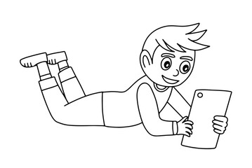 Boy using tablet hand drawn vector sketch