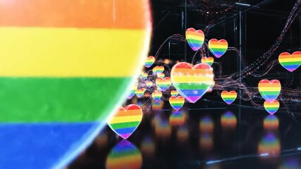 Vibrant rainbow hearts floating in a dark space, conveying love and acceptance. A symbolic representation of LGBT pride and inclusivity.