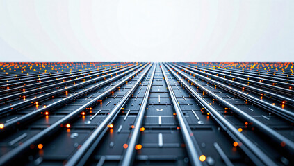 Parallel Rows of Black Server Racks with Colorful Lights