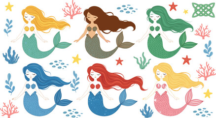 Cute Mermaid Character Set with Colorful Hair and Tails, Underwater Sea Elements, Fairytale Ocean Illustration for Kids Designs