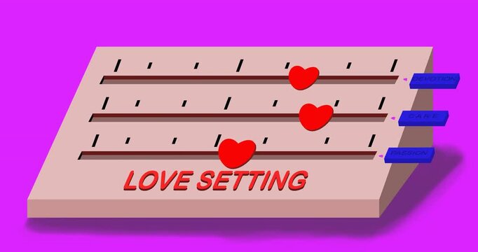 3D animation of Love Setting sliders moving to max levels of Devotion, Care and Passion. Concept of romantic relationship adjustment and emotional connection. Pink background.