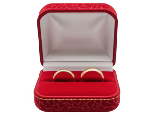 Red velvet ring box with gold rings isolated on transparent background