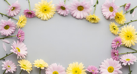 Fototapeta premium Flat lay border of pink, purple, and yellow chrysanthemum flower