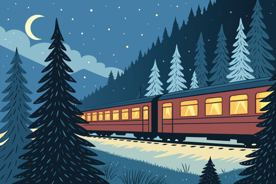 Snowy Night Train Through Pine Forest Fla