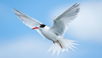 Arctic tern bird flies with wings spread wide against a clear blue sky. This graceful seabird shows its red beak and feet during its