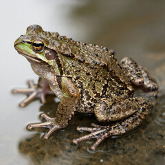 Obraz premium Close-up of a moor frog with green-brown, warty skin and dark spotting on a wet, reflective surface