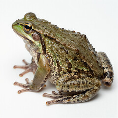 Obraz premium Close-up of a mottled green-brown frog with warty skin, gold-eyed gaze, and webbed feet on a white background