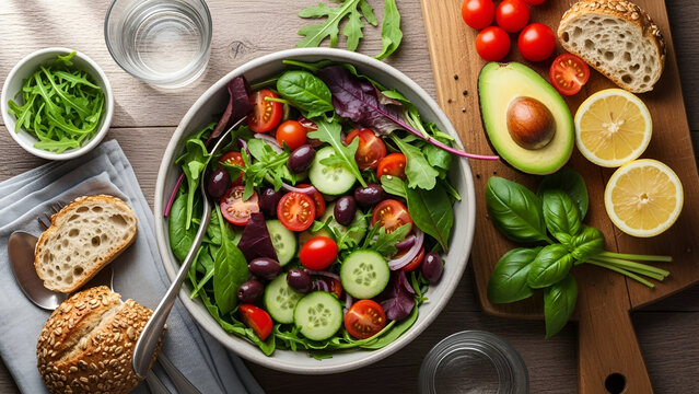 Fresh mixed greens salad with vegetables and bread on a wooden table for a healthy meal or lunch with food and tomatoes and cucumbers and avocado and lemons and basil and olive oil with water - Powered by Adobe