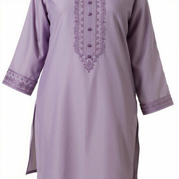 Soft lavender shalwar kameez top with delicate beadwork and lace-trimmed placket