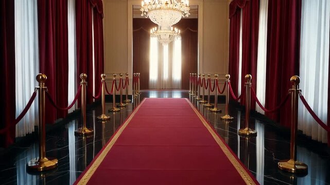 Luxurious interior with red carpet and golden stanchions in elegant hallway with chandelier