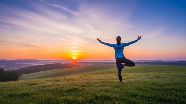 Woman in blue shirt practicing yoga on green hill at serene sunset with vibrant orange and purple sky and rolling hills in background with fitness and wellness and relaxation with meditation - Powered by Adobe