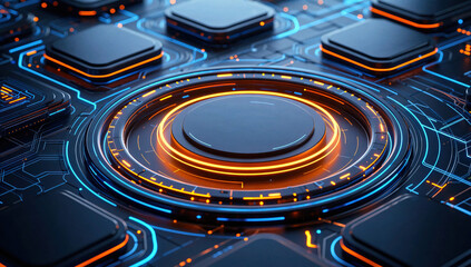 Futuristic Circuit Board with Glowing Central Button