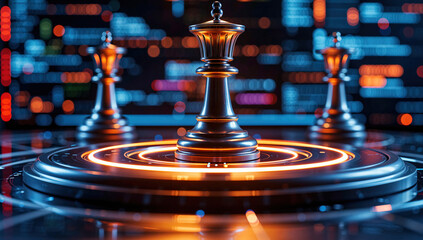 Futuristic Chess King Piece on Holographic Board with Neon Lights