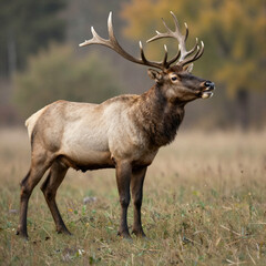 Full-body side profile of a majestic bull elk with sprawling antlers in a golden autumn meadow