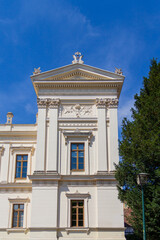 Fototapeta premium Low angle view of historic white university building facade with columns in Lund Sweden